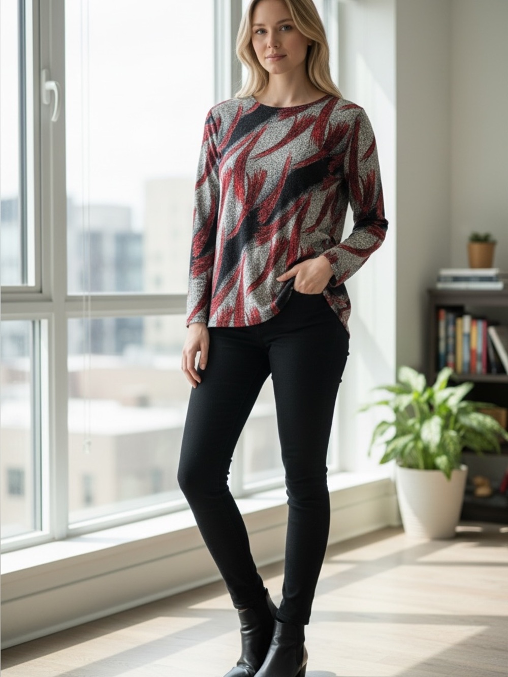 Notations Vintage Red Black Cream Abstract Print Women Mid Sleeve Top